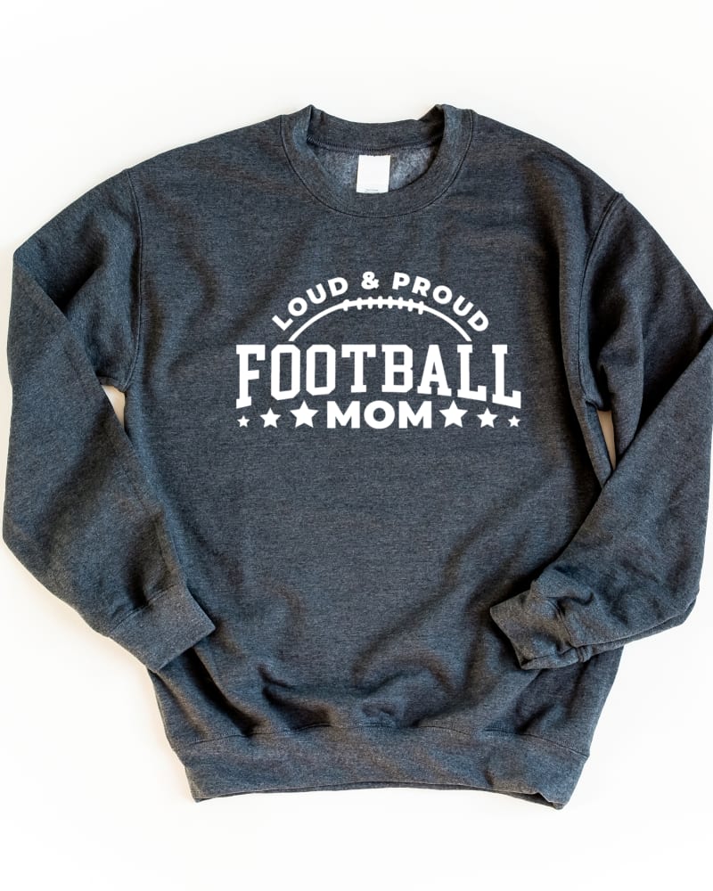 Front of a size XL Proud Football Mom Graphic Sweatshirt in Hue by Simply Sage Market. | dia_product_style_image_id:294018